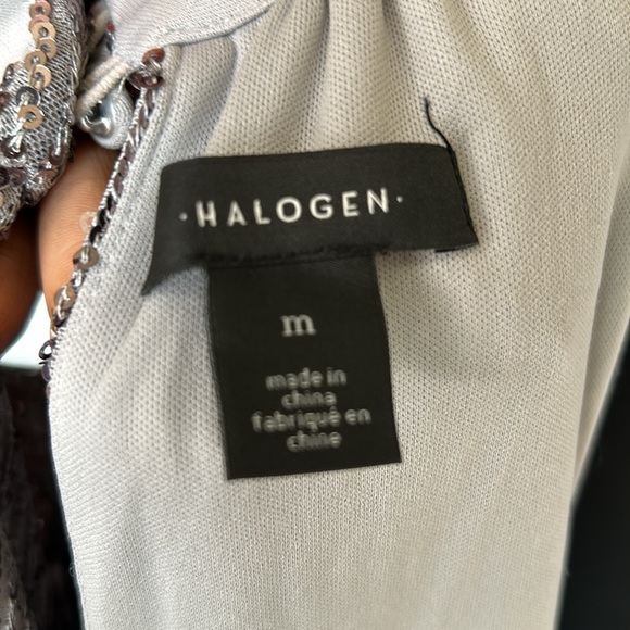 HALOGEN smocked pearl gray sequin high neck women’s holiday top. Size Medium. - Picture 2 of 11